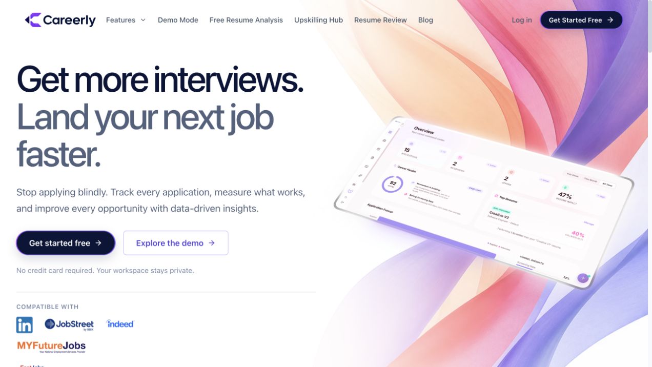 Actual Careerly landing page with job search headline and dashboard preview