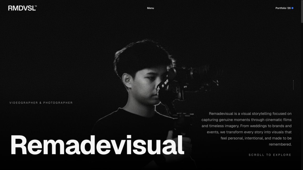 Actual Remadevisual landing page featuring a photographer and cinematic black and white design